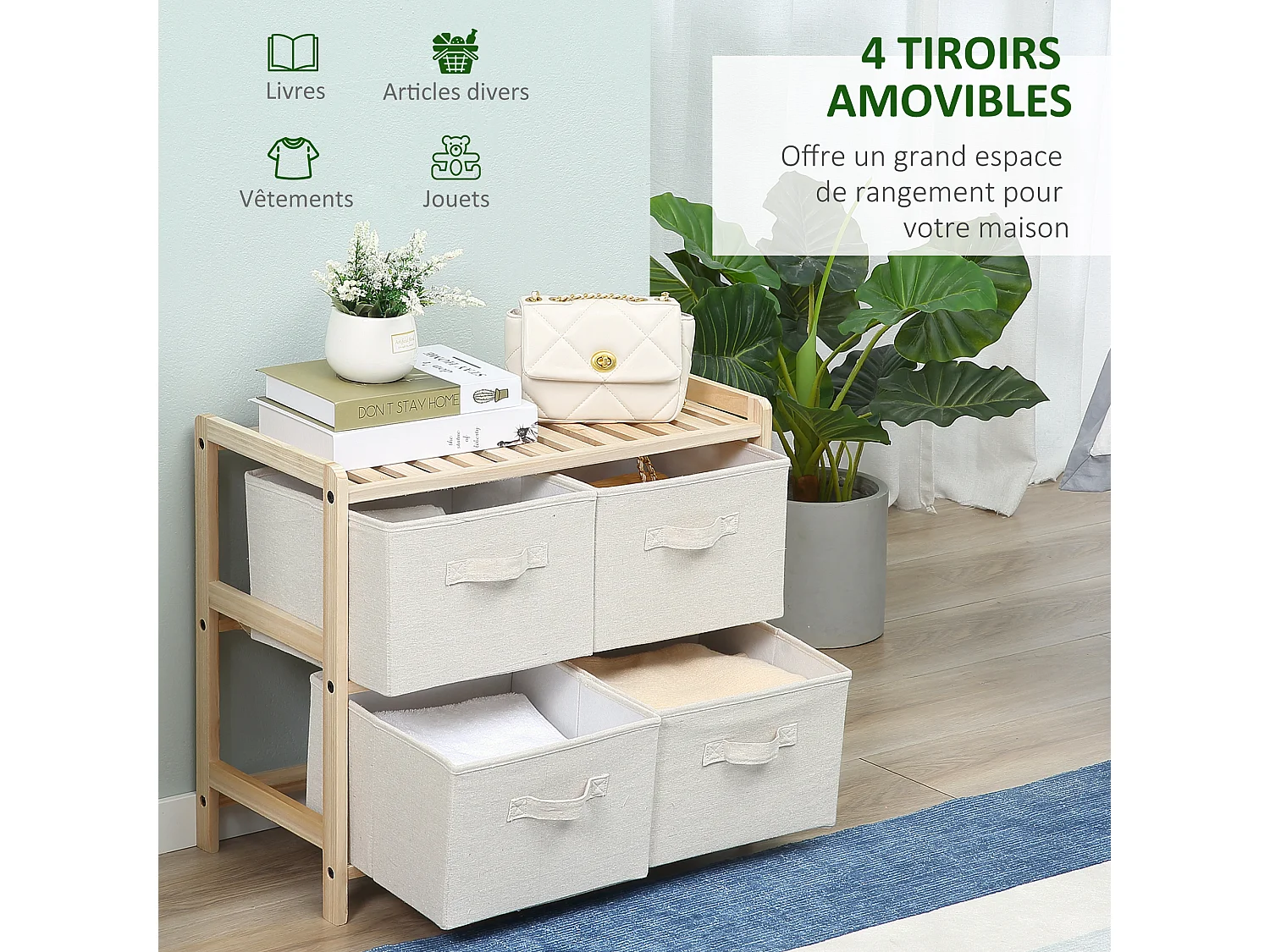 Commode 4 tiroirs tissu polyester beige dim. 59L x 28l x 50H cm bois sapin