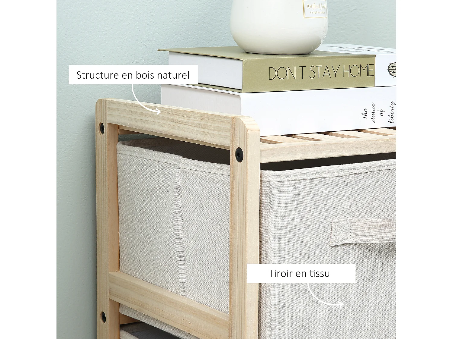 Commode 4 tiroirs tissu polyester beige dim. 59L x 28l x 50H cm bois sapin