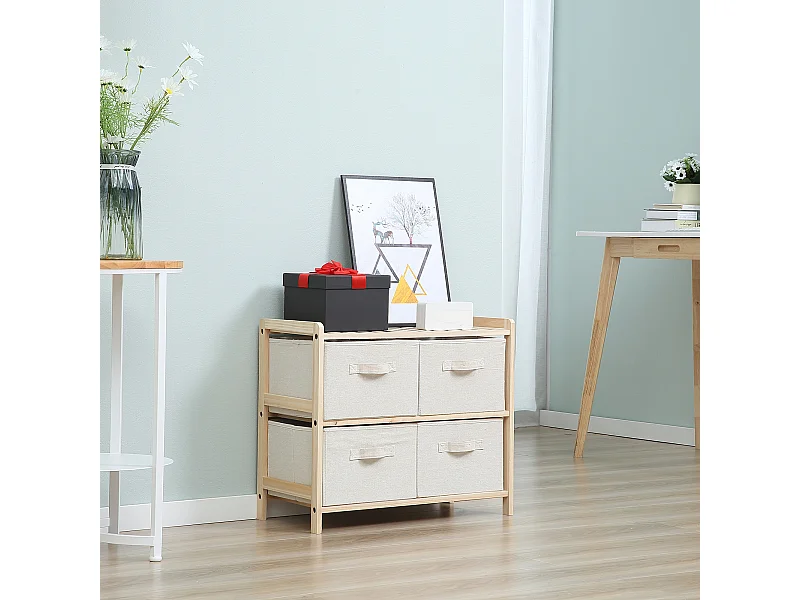 Commode 4 tiroirs tissu polyester beige dim. 59L x 28l x 50H cm bois sapin