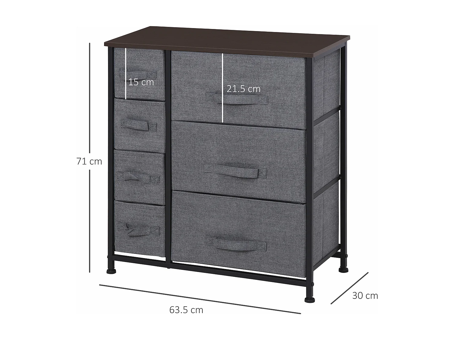 Meuble de rangement commode design 64L x 30l x 71H cm 7 tiroirs métal MDF non tissé noir