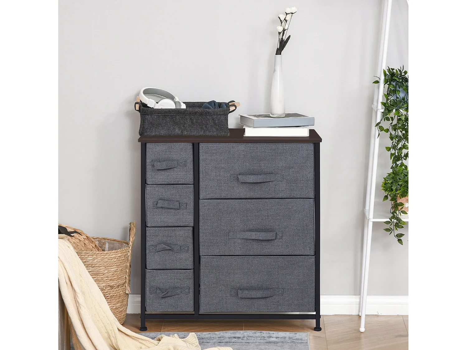 Meuble de rangement commode design 64L x 30l x 71H cm 7 tiroirs métal MDF non tissé noir