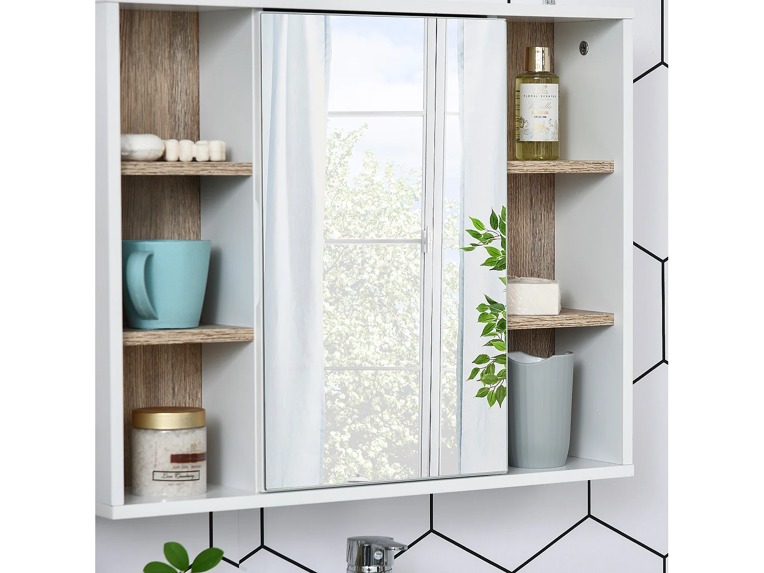 Miroir de salle de bain avec placard et étagères - 4 étagères latérales + 2 étagères intérieures - MDF panneaux particules blanc chêne clair