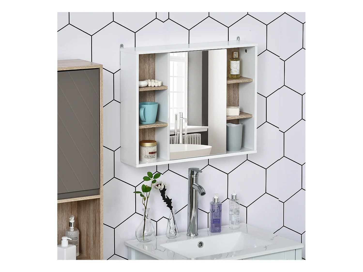 Miroir de salle de bain avec placard et étagères - 4 étagères latérales + 2 étagères intérieures - MDF panneaux particules blanc chêne clair