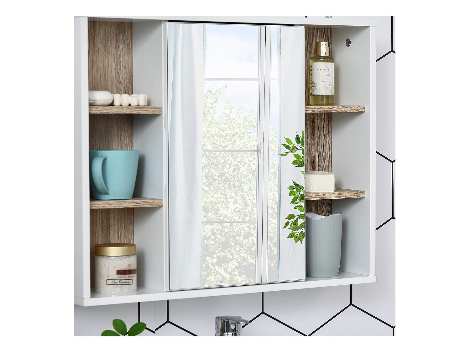 Miroir de salle de bain avec placard et étagères - 4 étagères latérales + 2 étagères intérieures - MDF panneaux particules blanc chêne clair