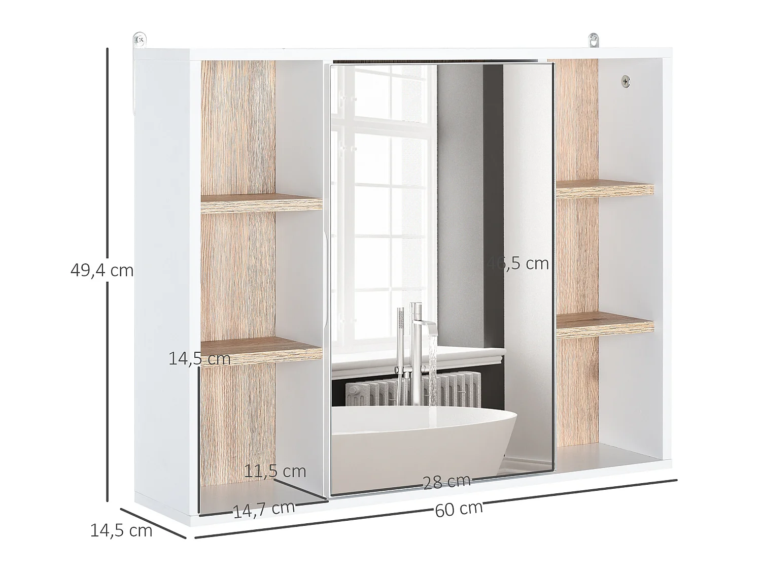 Miroir de salle de bain avec placard et étagères - 4 étagères latérales + 2 étagères intérieures - MDF panneaux particules blanc chêne clair