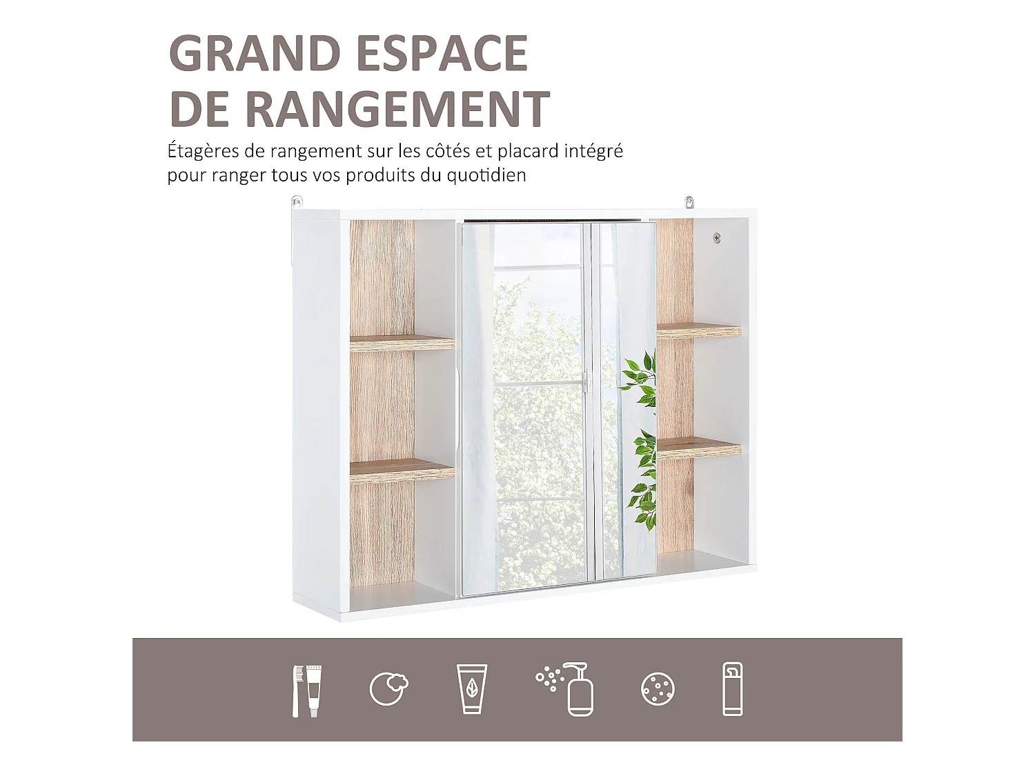 Miroir de salle de bain avec placard et étagères - 4 étagères latérales + 2 étagères intérieures - MDF panneaux particules blanc chêne clair