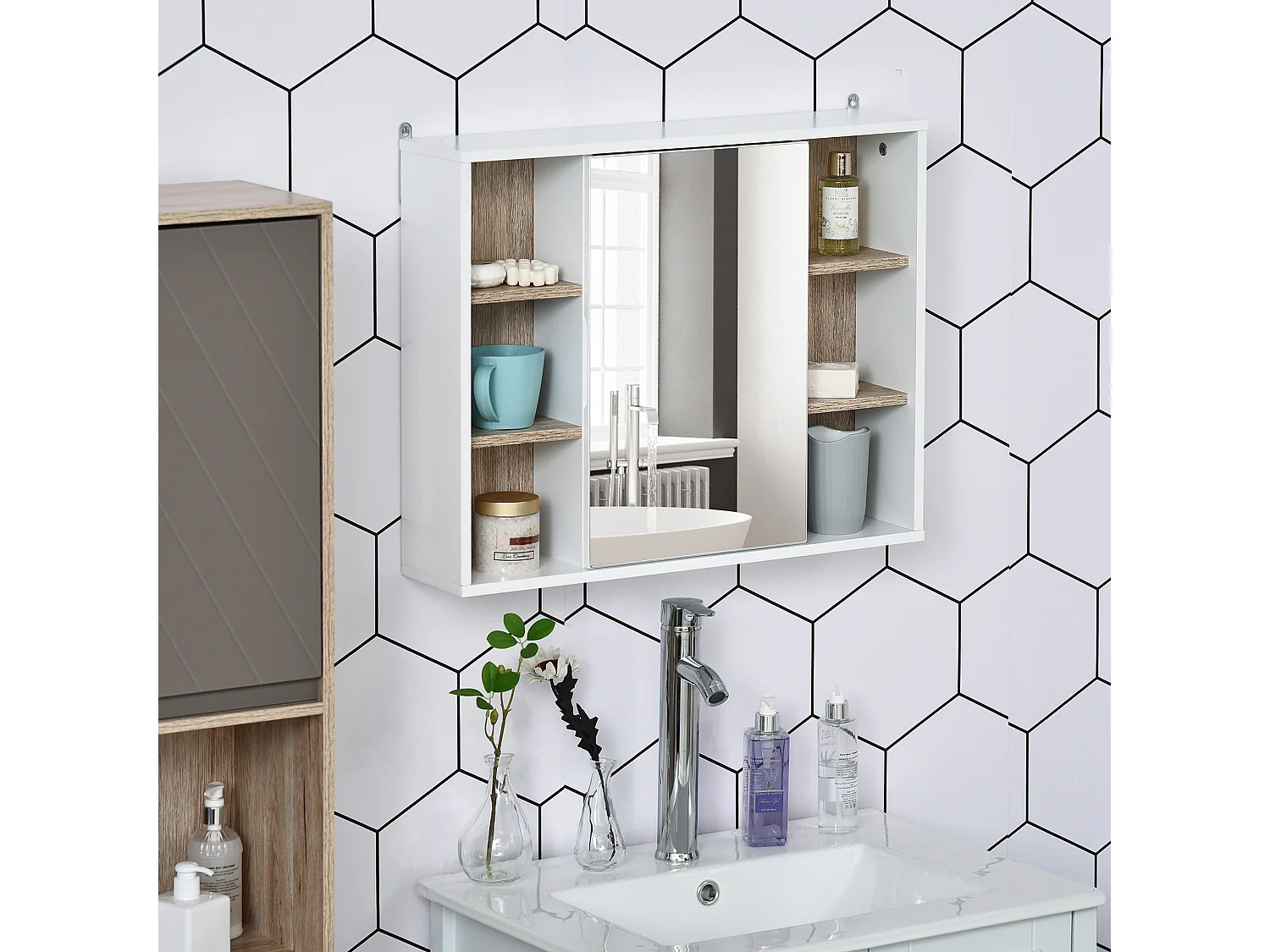 Miroir de salle de bain avec placard et étagères - 4 étagères latérales + 2 étagères intérieures - MDF panneaux particules blanc chêne clair