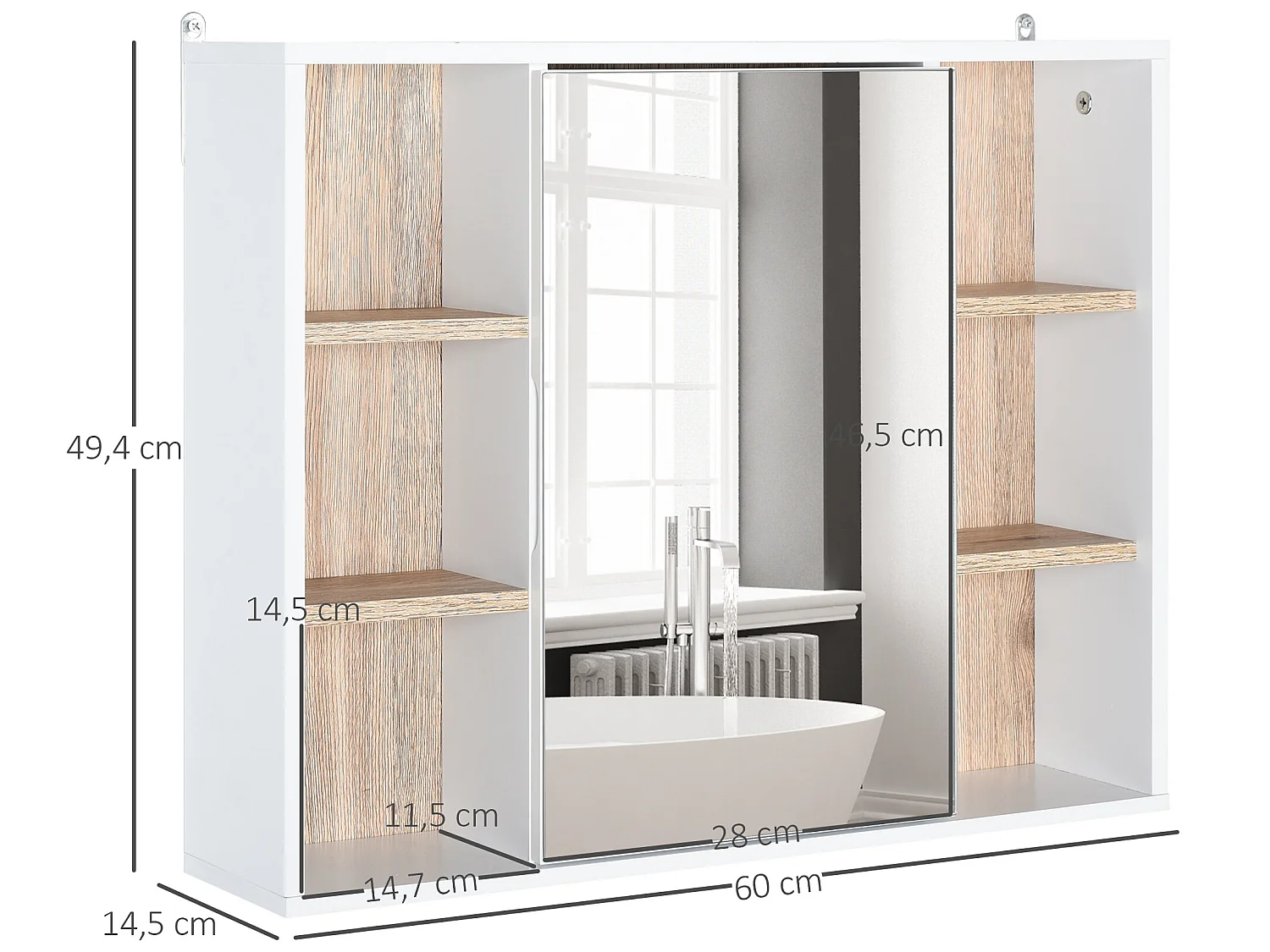 Miroir de salle de bain avec placard et étagères - 4 étagères latérales + 2 étagères intérieures - MDF panneaux particules blanc chêne clair
