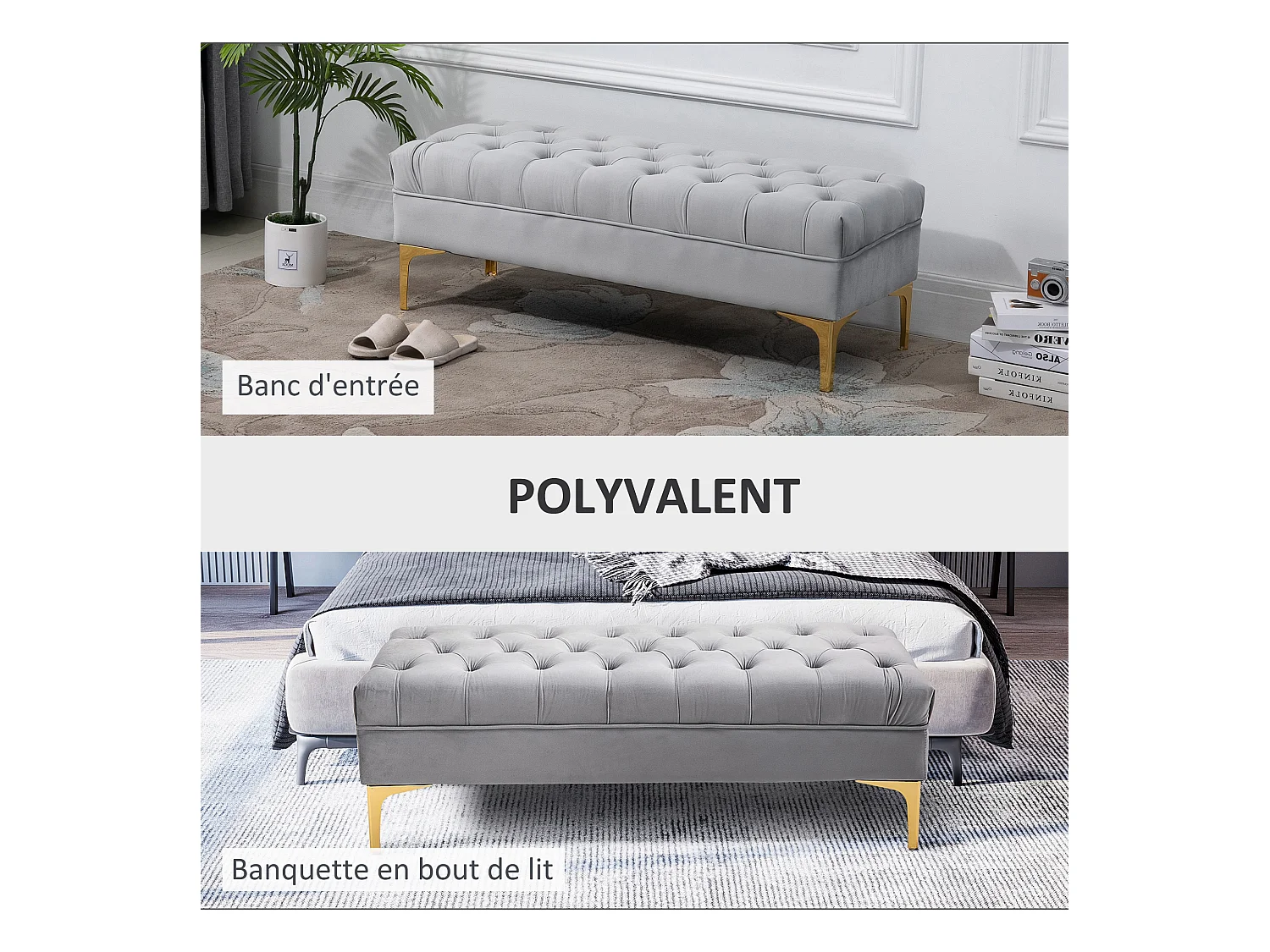 Banc banquette capitonnée style classique chic dim. 118L x 45l x 42H cm piètement métal doré velours gris clair