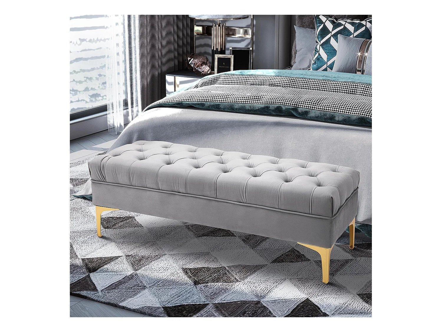 Banc banquette capitonnée style classique chic dim. 118L x 45l x 42H cm piètement métal doré velours gris clair