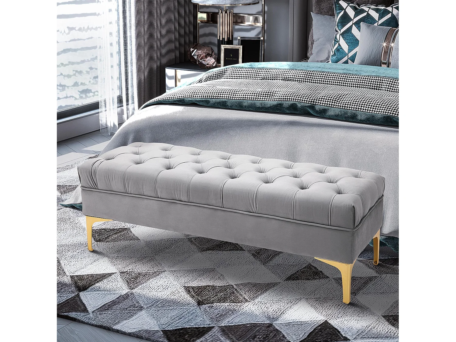 Banc banquette capitonnée style classique chic dim. 118L x 45l x 42H cm piètement métal doré velours gris clair