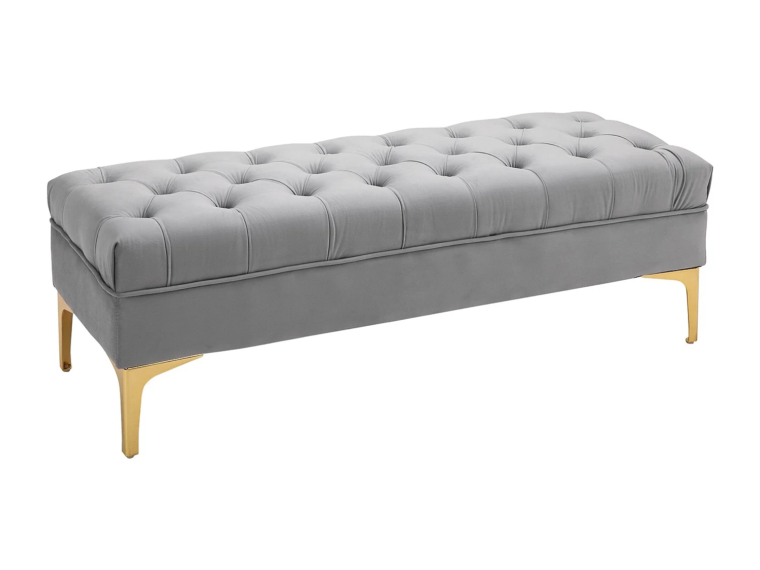 Banc banquette capitonnée style classique chic dim. 118L x 45l x 42H cm piètement métal doré velours gris clair