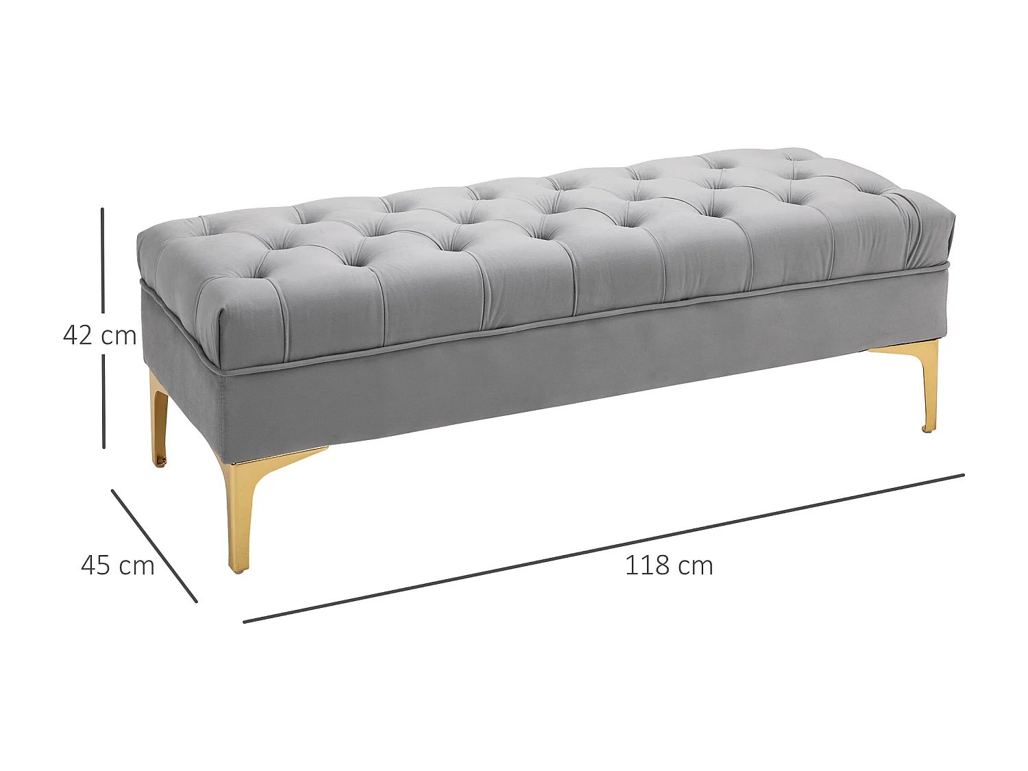 Banc banquette capitonnée style classique chic dim. 118L x 45l x 42H cm piètement métal doré velours gris clair