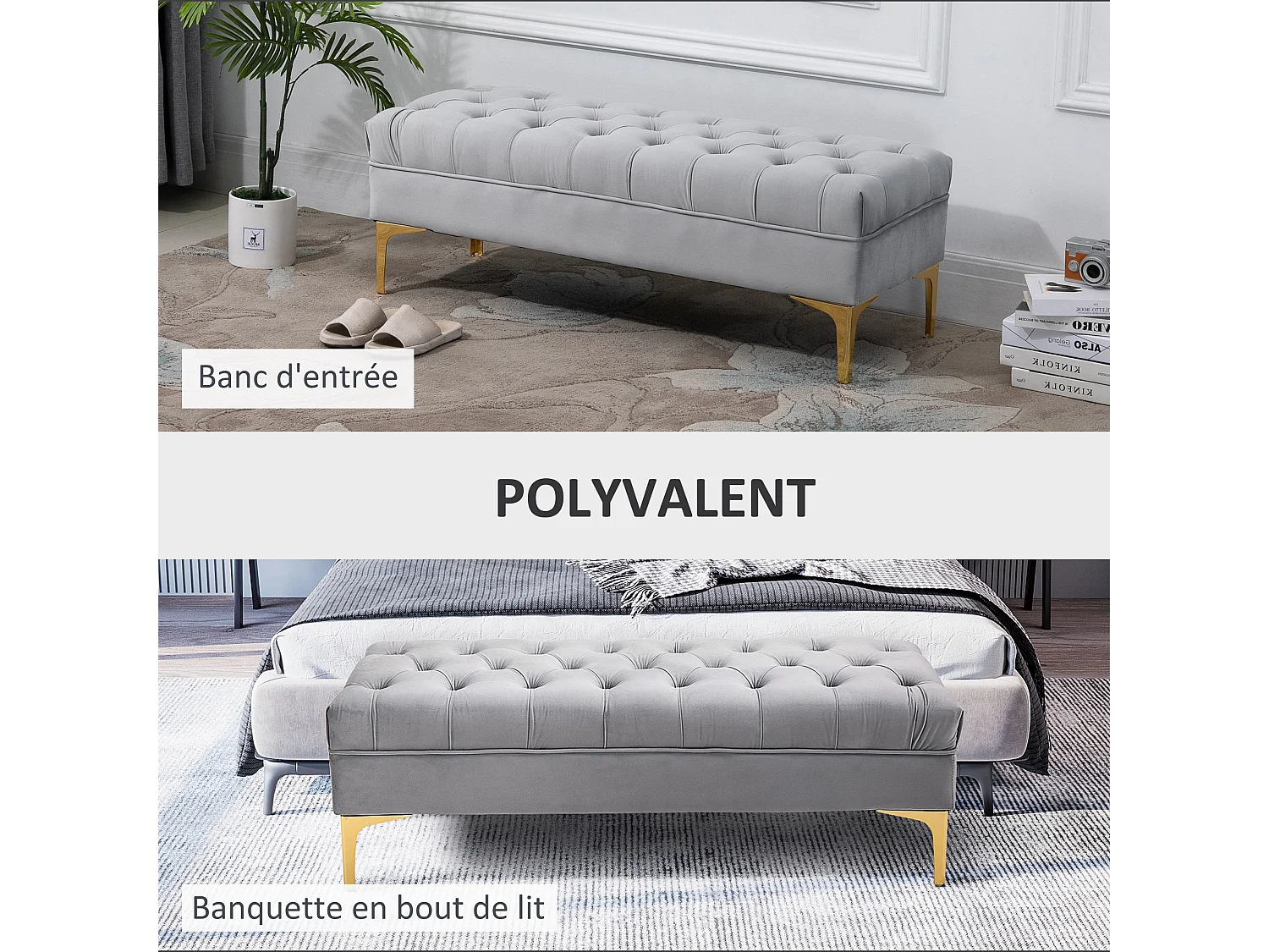 Banc banquette capitonnée style classique chic dim. 118L x 45l x 42H cm piètement métal doré velours gris clair