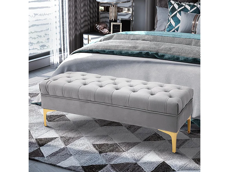 Banc banquette capitonnée style classique chic dim. 118L x 45l x 42H cm piètement métal doré velours gris clair