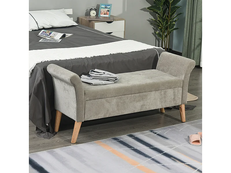 Banc Banquette Design Contemporain Accoudoirs Courbés Fonction de Rangement 2 en 1 136,5 x 45lx 62 cm Gris