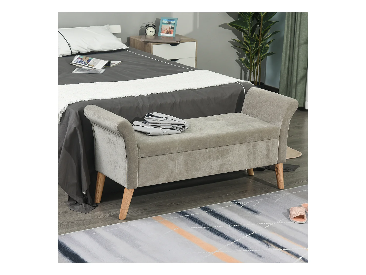 Banc Banquette Design Contemporain Accoudoirs Courbés Fonction de Rangement 2 en 1 136,5 x 45lx 62 cm Gris