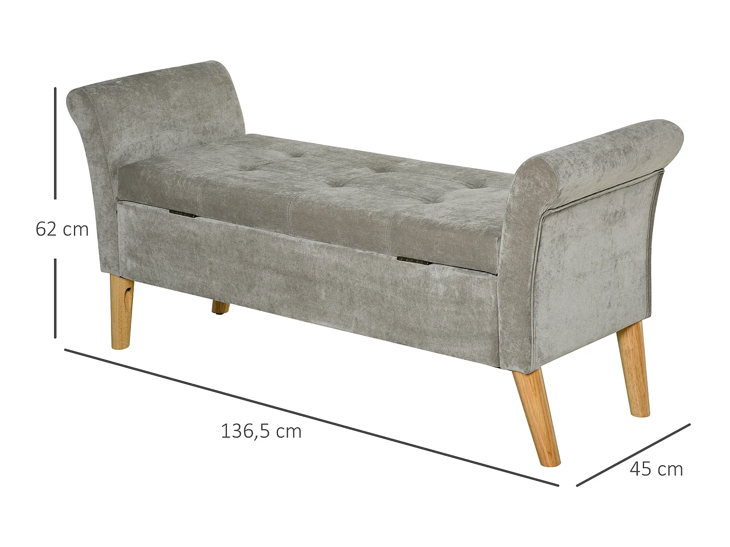 Banc Banquette Design Contemporain Accoudoirs Courbés Fonction de Rangement 2 en 1 136,5 x 45lx 62 cm Gris