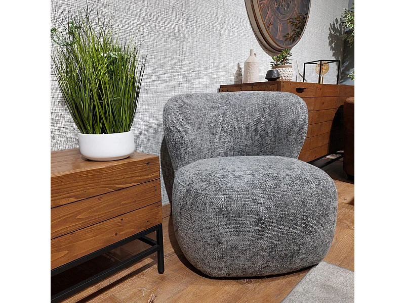 Fauteuil bas rond en tissu gris chiné avec dossier arrondi - MALLOW