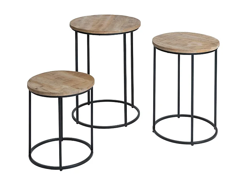 Juego de 3 mesas de centro nido de madera de mango Anouck estilo industrial con base de hierro negro