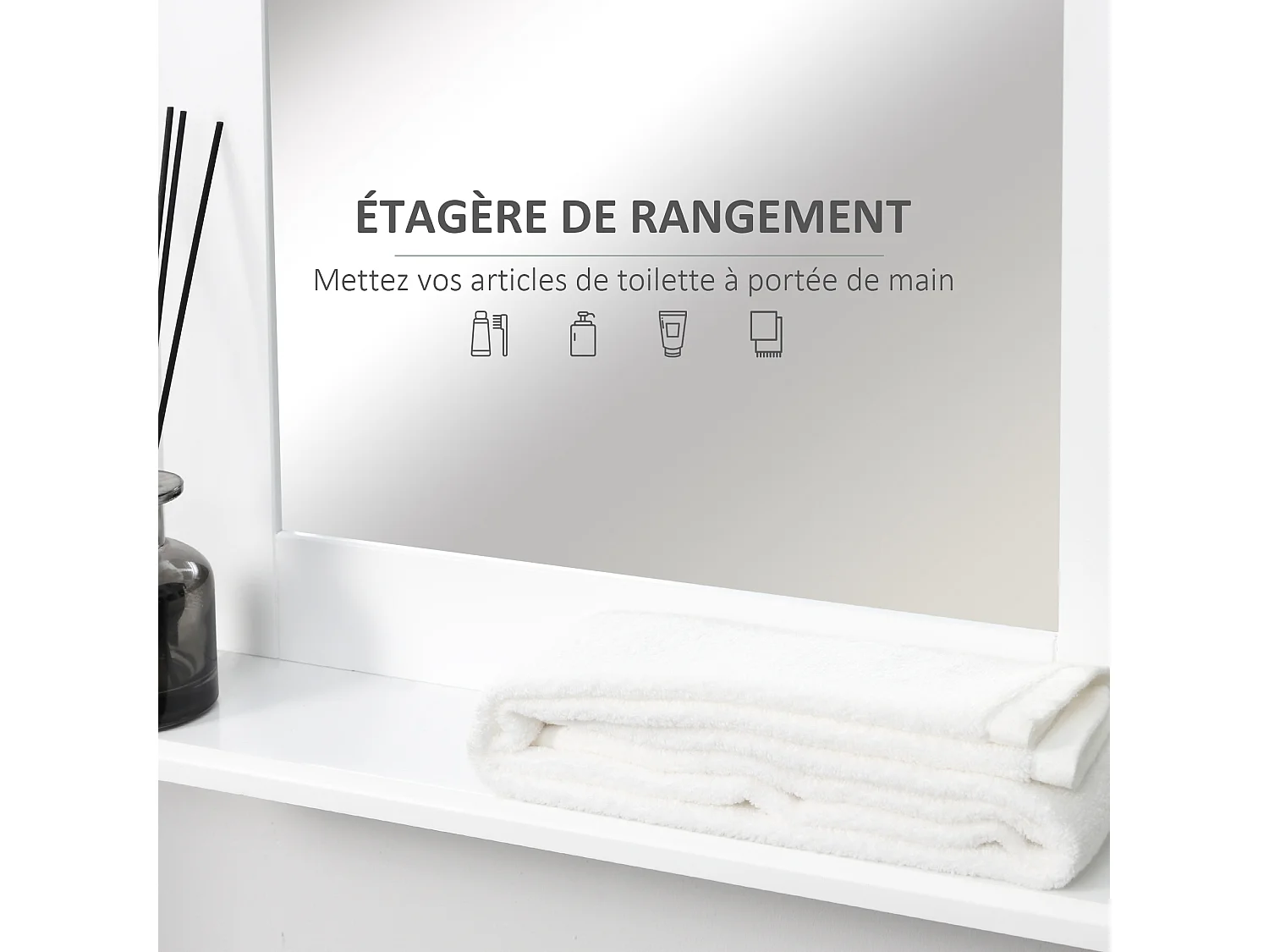 Miroir de salle de bain avec étagère - kit installation fourni - MDF blanc