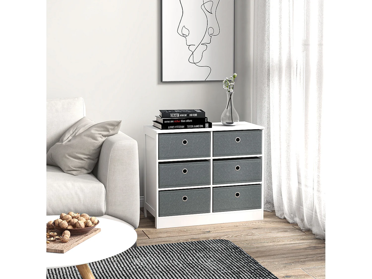 Meuble de rangement commode design contemporain dim. 72L x 35l x 62H cm 6 tiroirs MDF blanc non tissé gris