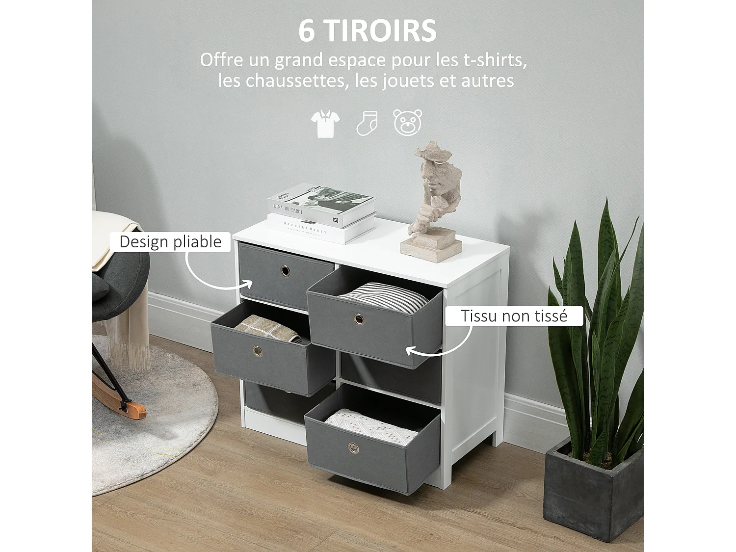 Meuble de rangement commode design contemporain dim. 72L x 35l x 62H cm 6 tiroirs MDF blanc non tissé gris