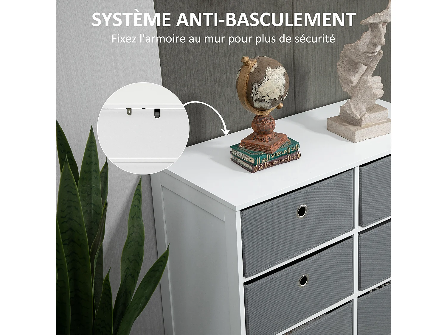 Meuble de rangement commode design contemporain dim. 72L x 35l x 62H cm 6 tiroirs MDF blanc non tissé gris