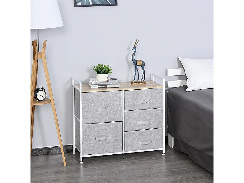 Commode Meuble de Rangement 5 Tiroirs Amovibles pour Chambre Salon Cuisine 83 x 29 x 77 cm Gris
