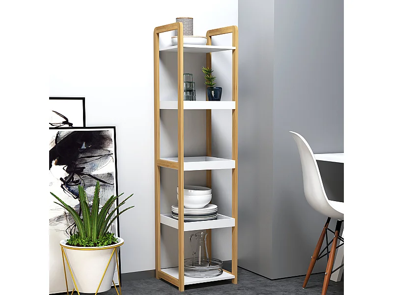 Etagère en bambou de salle de bain étagère debout 3 paniers + 2 étagères dim. 32L x 30l x 130H cm beige blanc