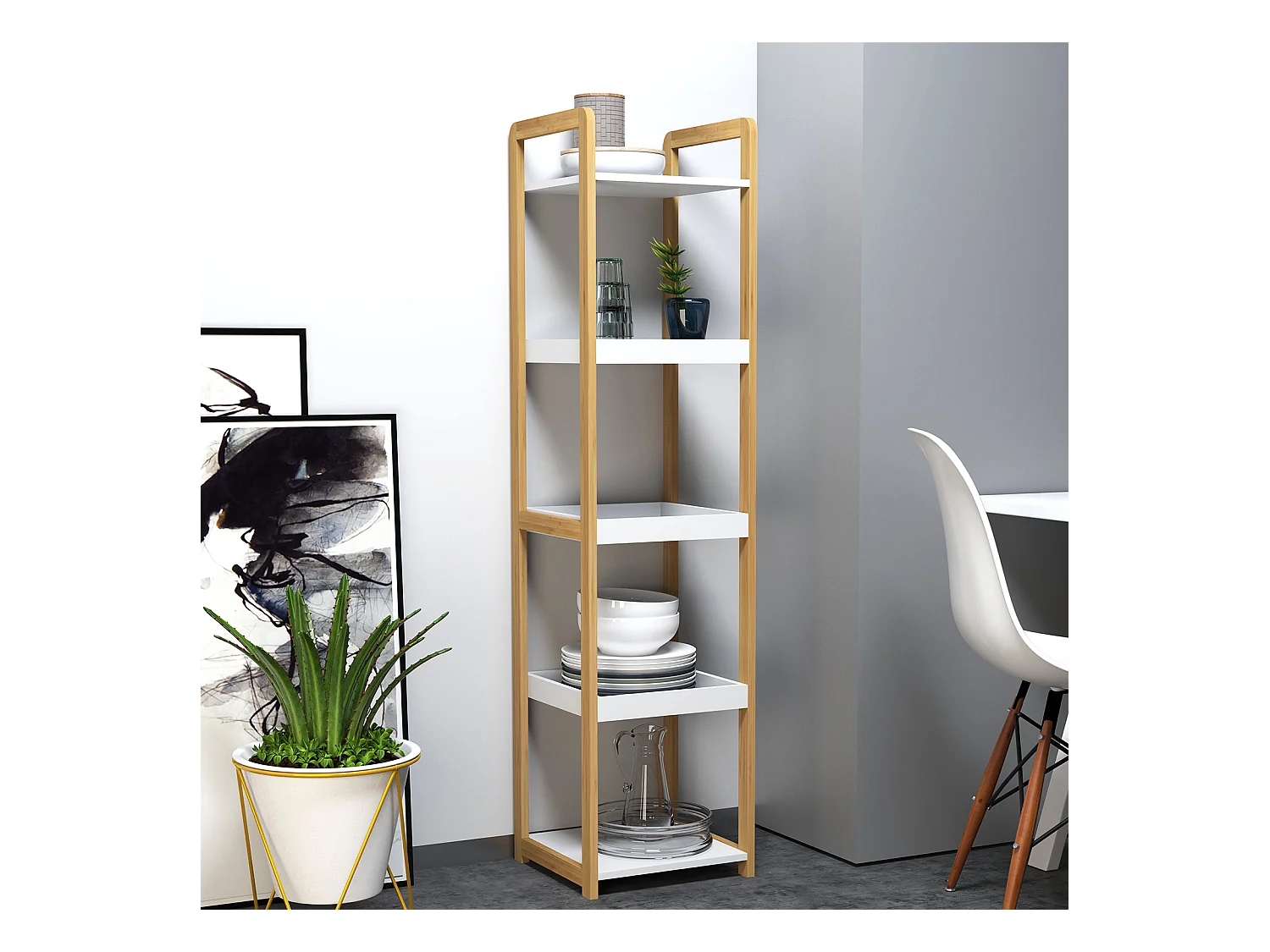 Etagère en bambou de salle de bain étagère debout 3 paniers + 2 étagères dim. 32L x 30l x 130H cm beige blanc