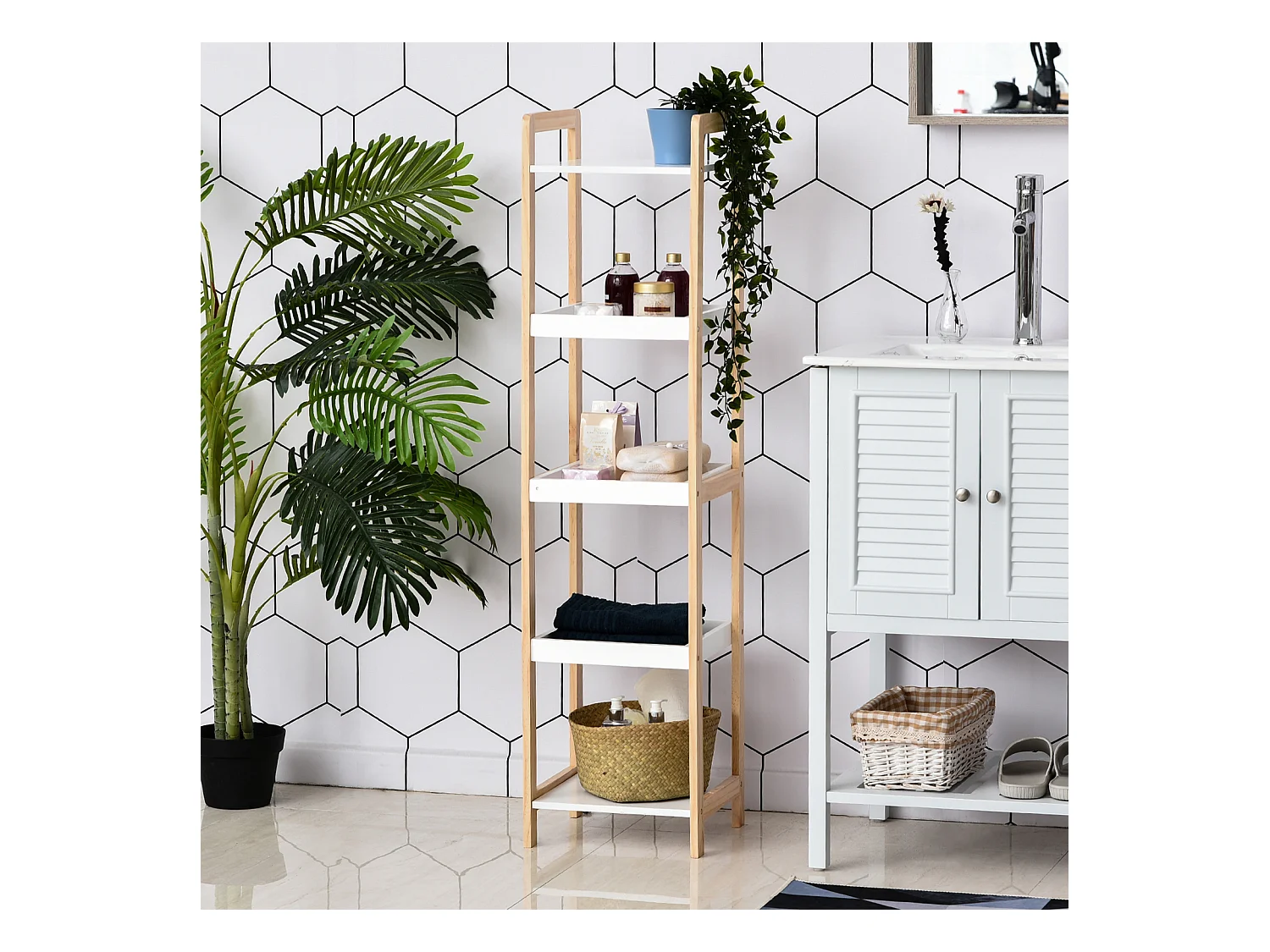 Etagère en bambou de salle de bain étagère debout 3 paniers + 2 étagères dim. 32L x 30l x 130H cm beige blanc