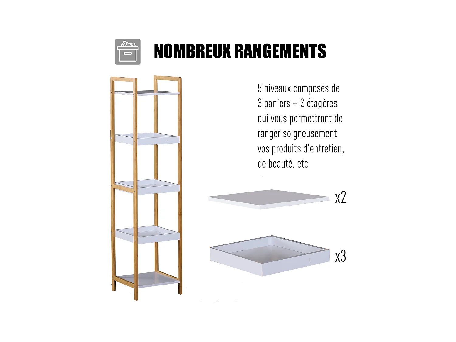 Etagère en bambou de salle de bain étagère debout 3 paniers + 2 étagères dim. 32L x 30l x 130H cm beige blanc