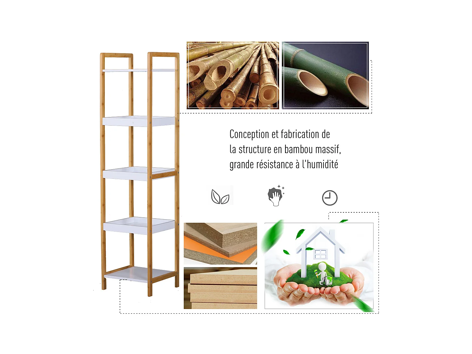 Etagère en bambou de salle de bain étagère debout 3 paniers + 2 étagères dim. 32L x 30l x 130H cm beige blanc