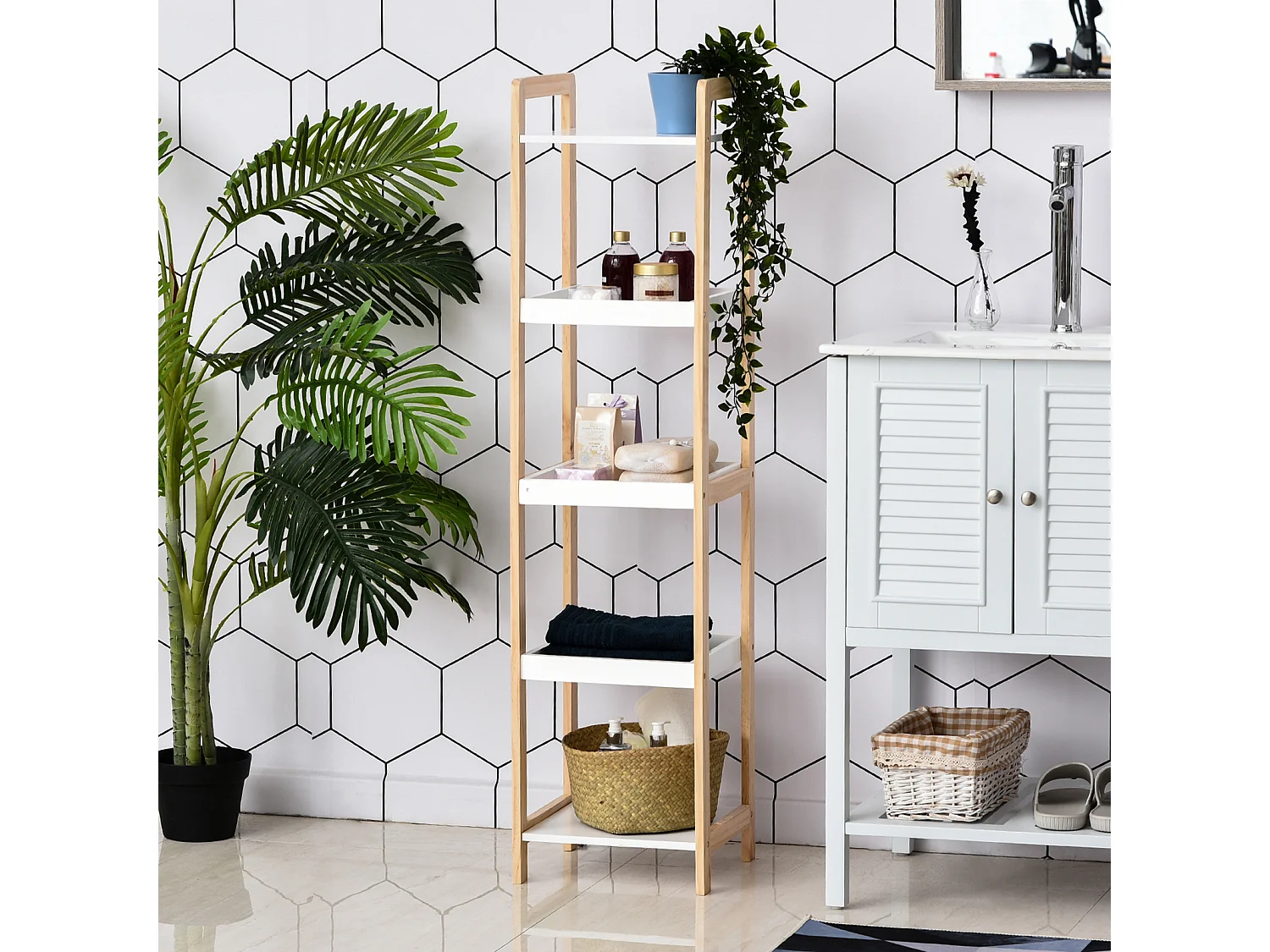 Etagère en bambou de salle de bain étagère debout 3 paniers + 2 étagères dim. 32L x 30l x 130H cm beige blanc