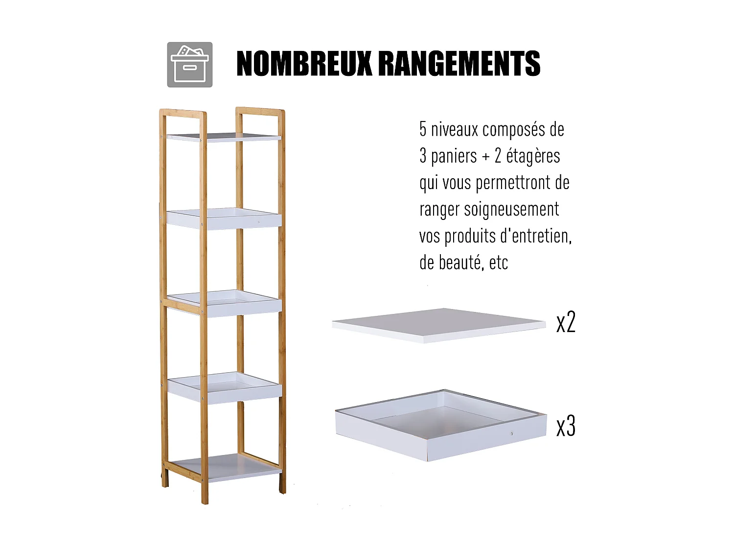 Etagère en bambou de salle de bain étagère debout 3 paniers + 2 étagères dim. 32L x 30l x 130H cm beige blanc