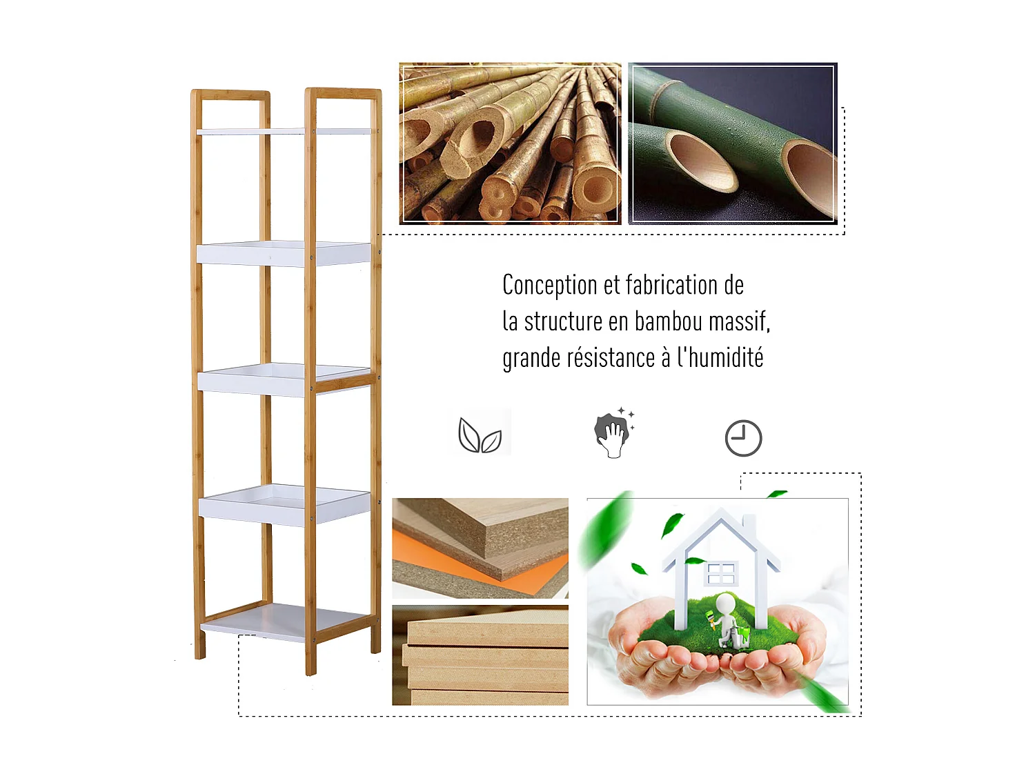 Etagère en bambou de salle de bain étagère debout 3 paniers + 2 étagères dim. 32L x 30l x 130H cm beige blanc