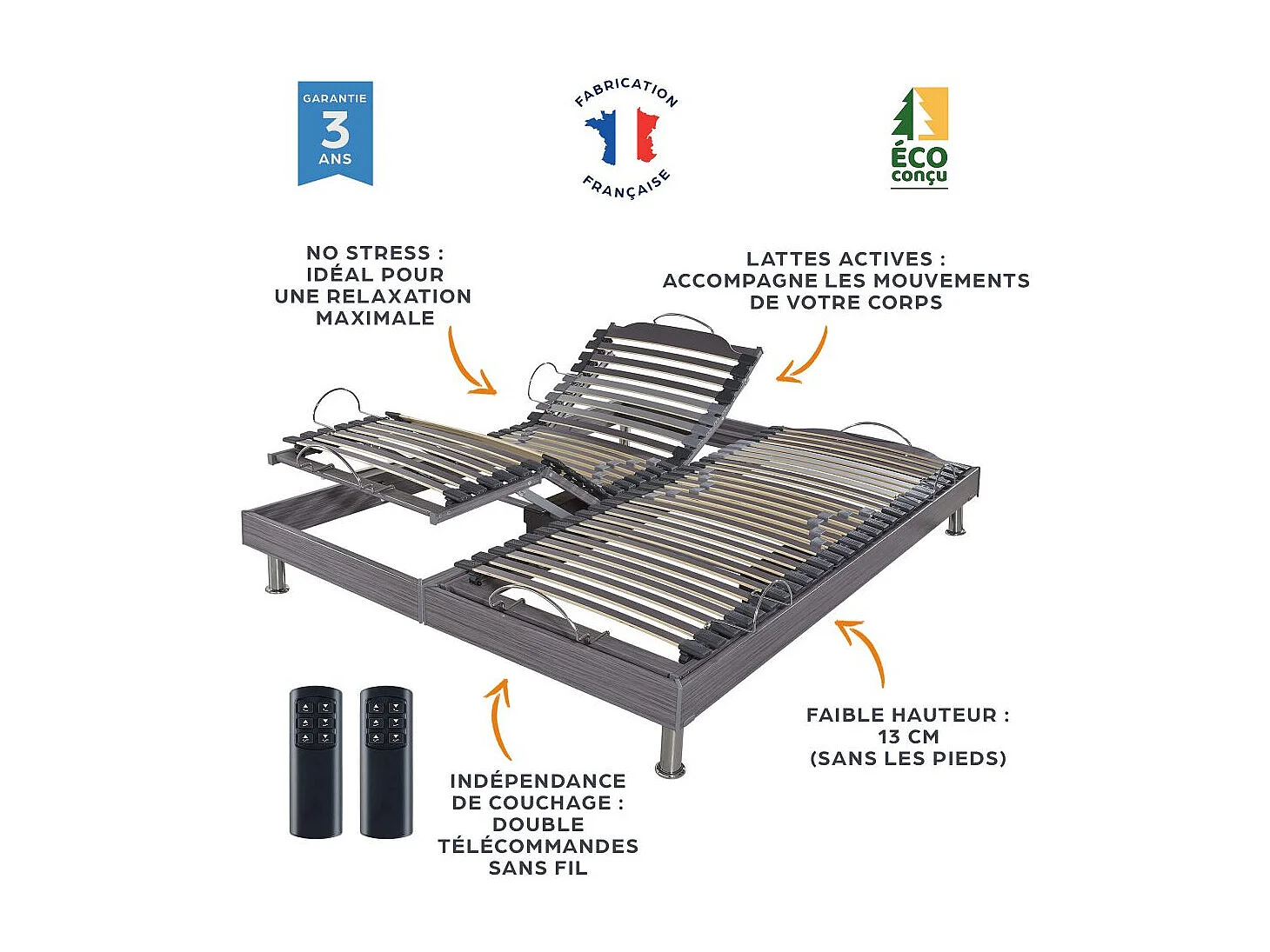 Lit électrique S62 + matelas Wave 2x90x200 - Mousse - Soutien ferme - Made in France