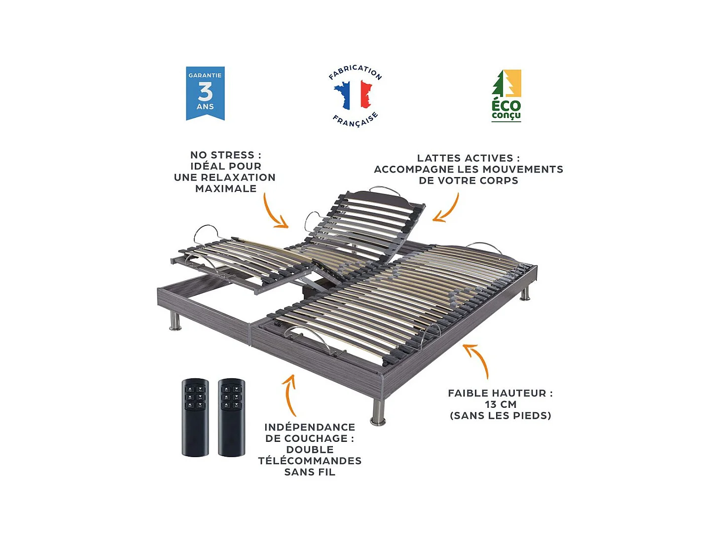Lit électrique S62 + matelas Wave 2x80x200 - Mousse - Soutien ferme - Made in France