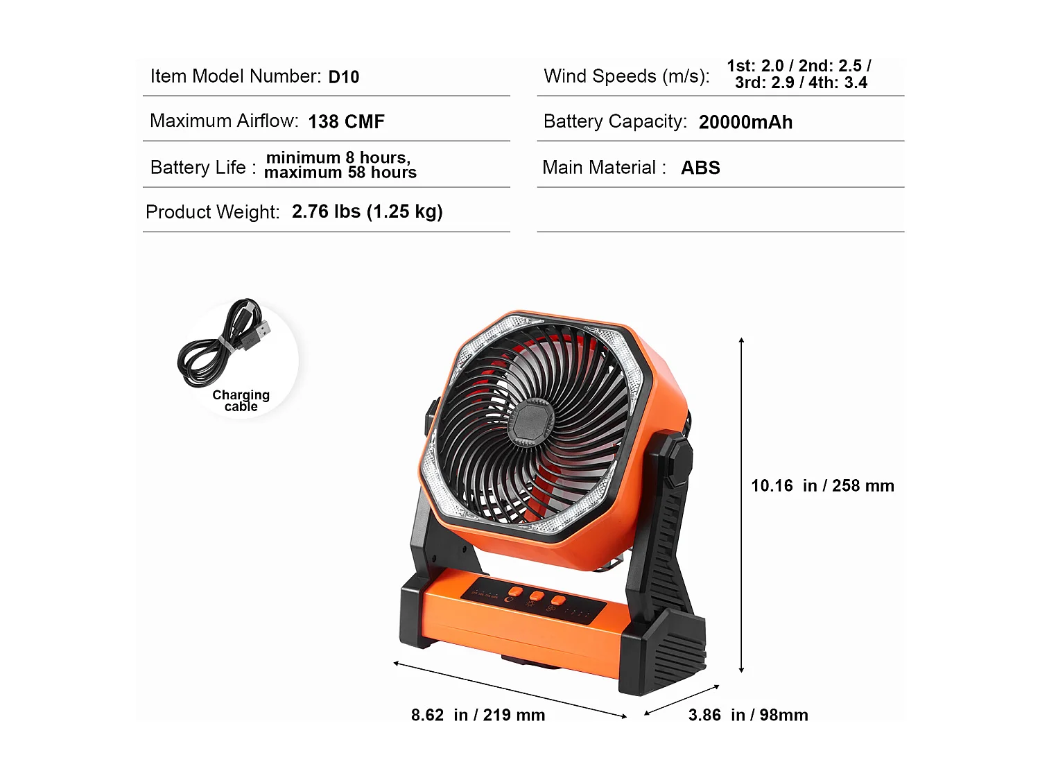 Ventilateur Portable SucceBuy 20,32 CM, Rechargeable avec Lanterne LED, 4 Vitesses Réglables