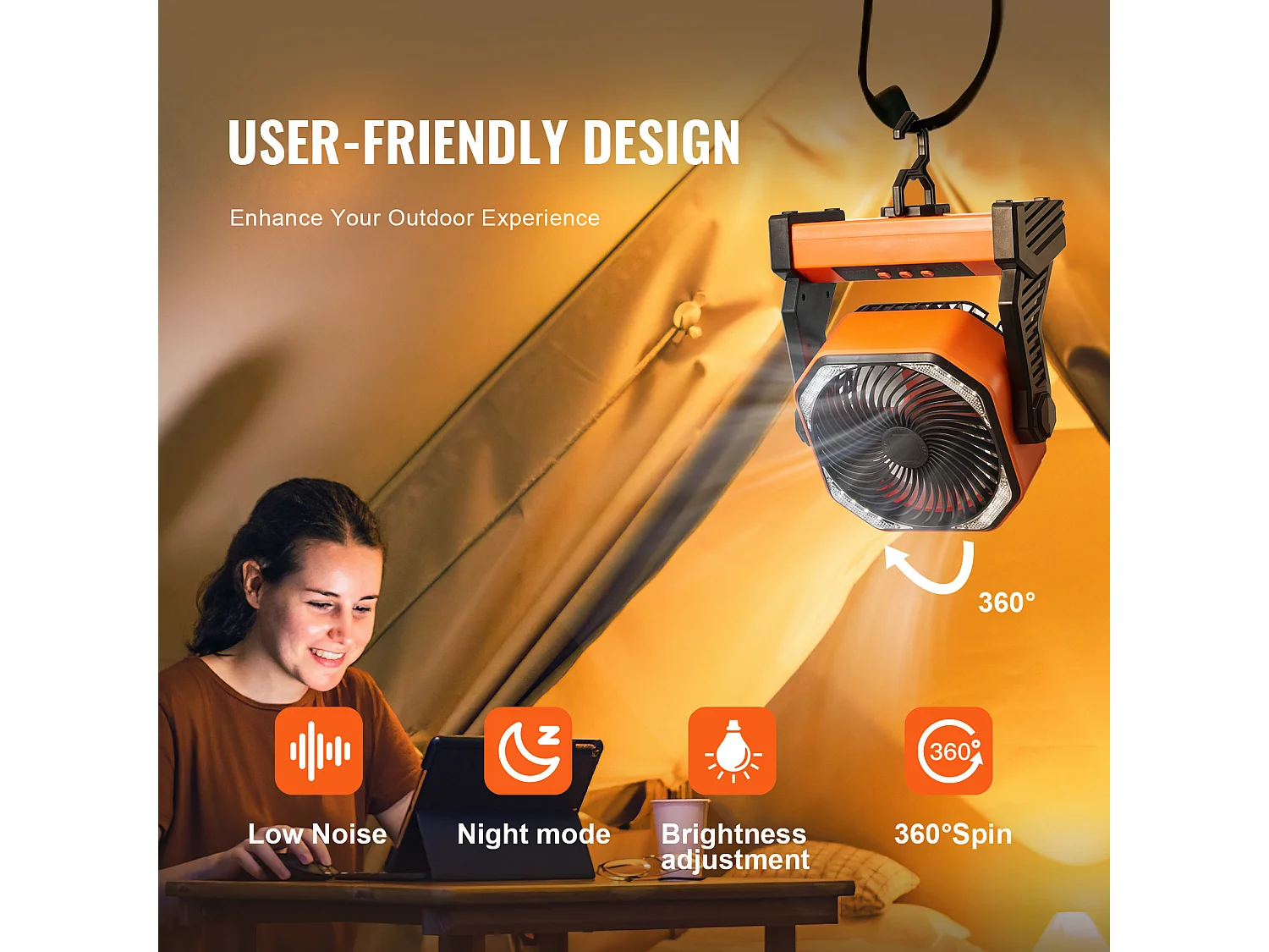 Ventilateur Portable SucceBuy 20,32 CM, Rechargeable avec Lanterne LED, 4 Vitesses Réglables