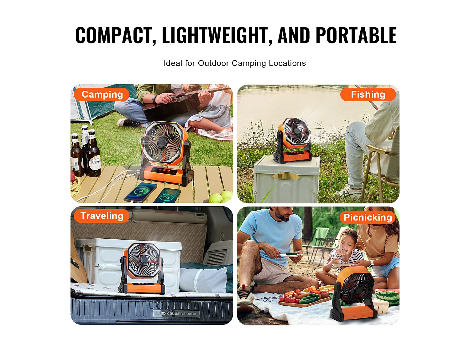 Ventilateur Portable SucceBuy 20,32 CM, Rechargeable avec Lanterne LED, 4 Vitesses Réglables
