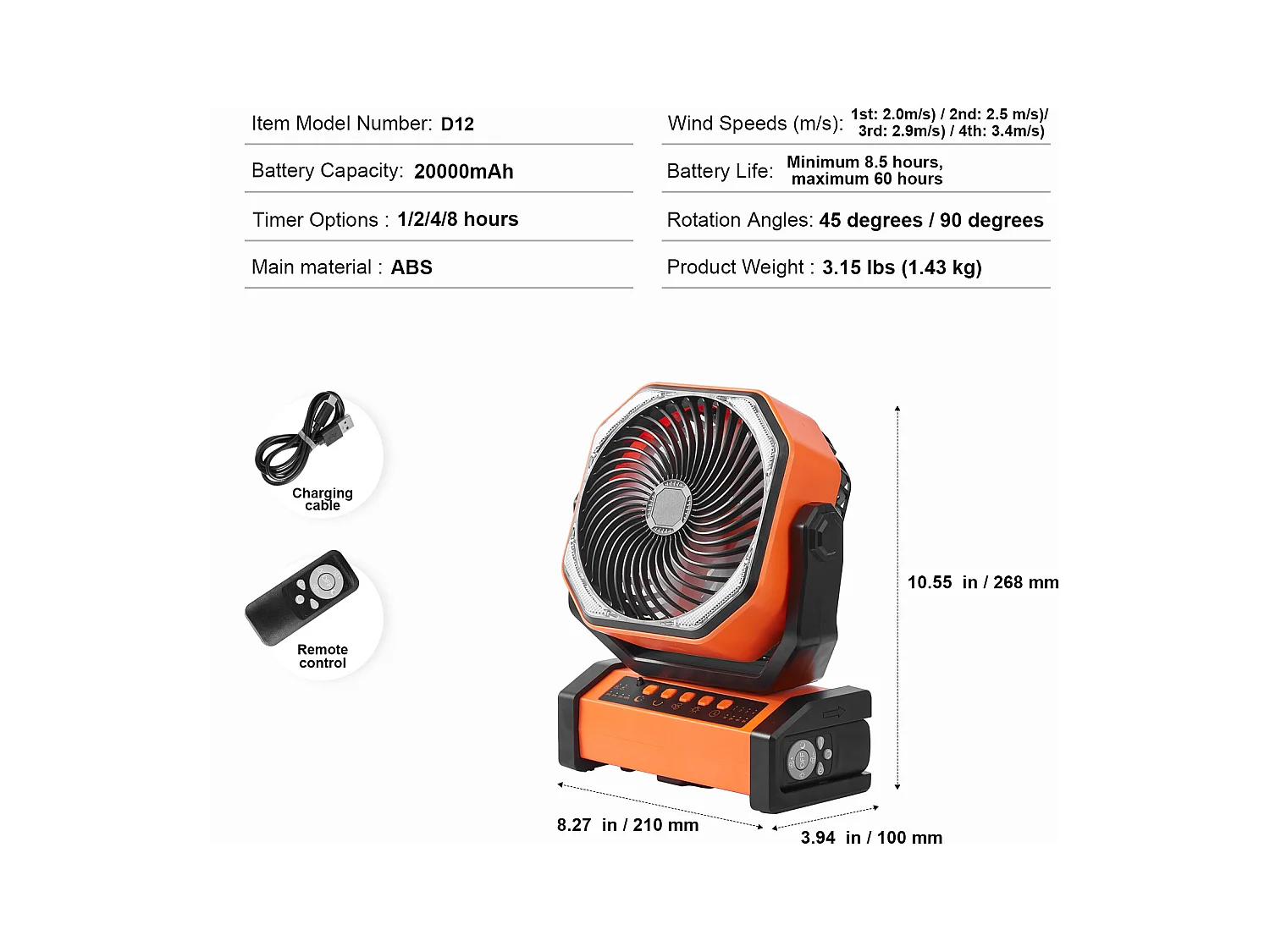 Ventilatore Portatile Ricaricabile SucceBuy 22,86 CM con Lanterna LED, 4 Velocità, Girevole, Minuteria