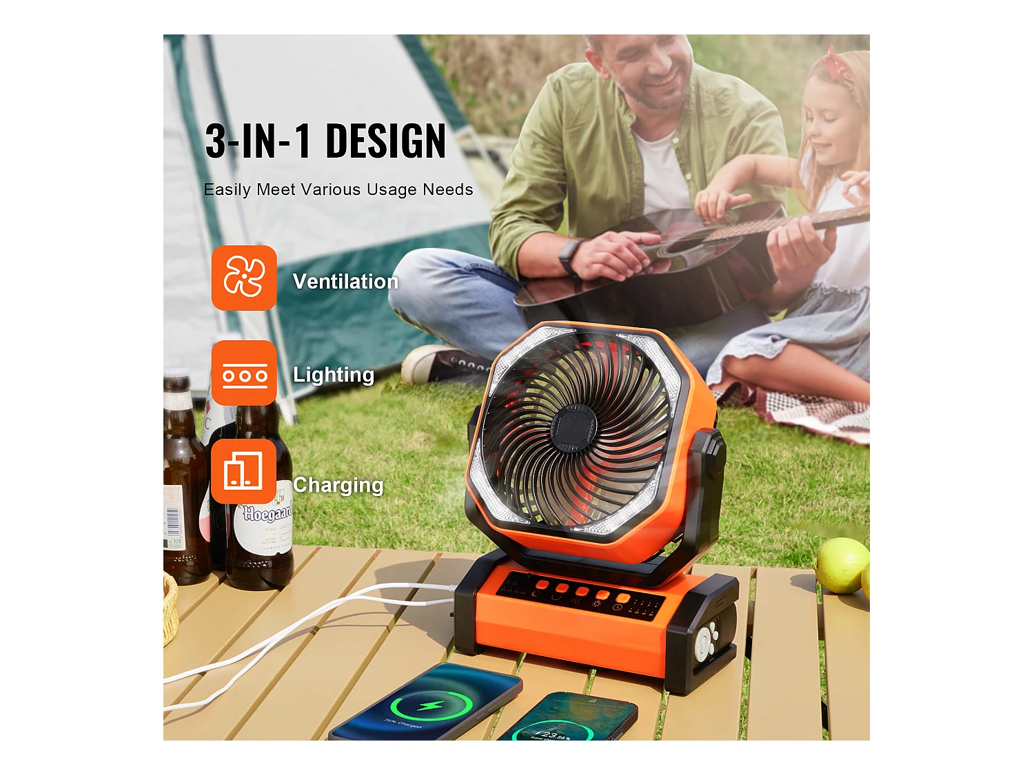 Ventilatore Portatile Ricaricabile SucceBuy 22,86 CM con Lanterna LED, 4 Velocità, Girevole, Minuteria