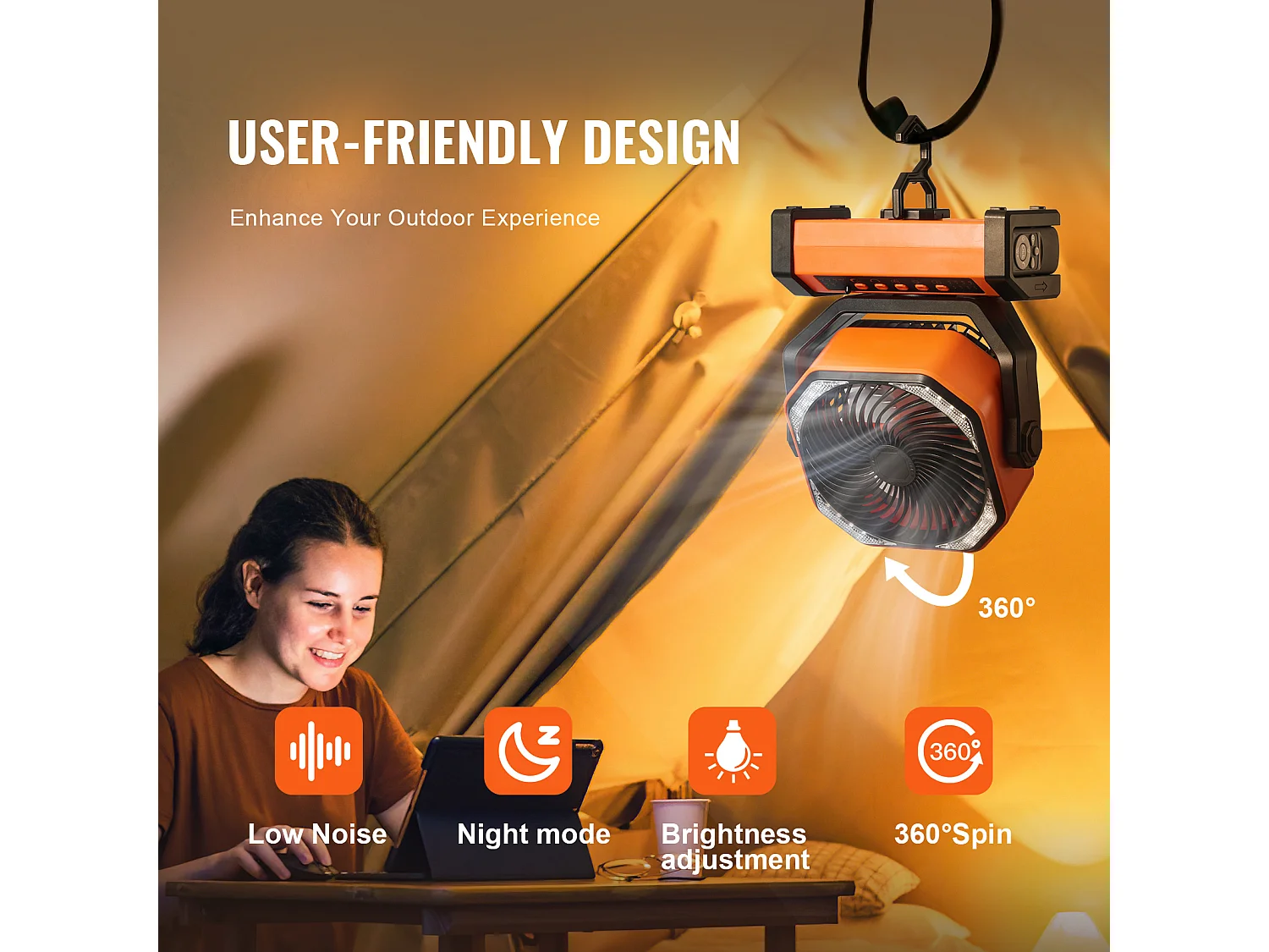 Ventilatore Portatile Ricaricabile SucceBuy 22,86 CM con Lanterna LED, 4 Velocità, Girevole, Minuteria