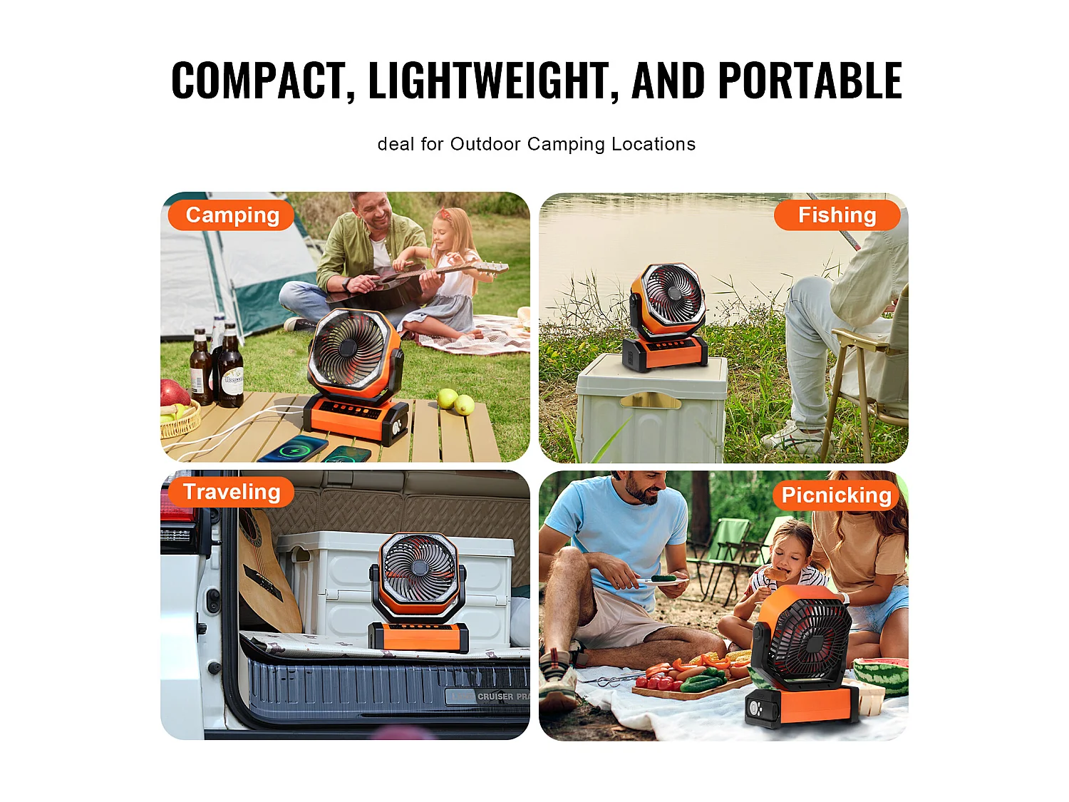 Ventilatore Portatile Ricaricabile SucceBuy 22,86 CM con Lanterna LED, 4 Velocità, Girevole, Minuteria