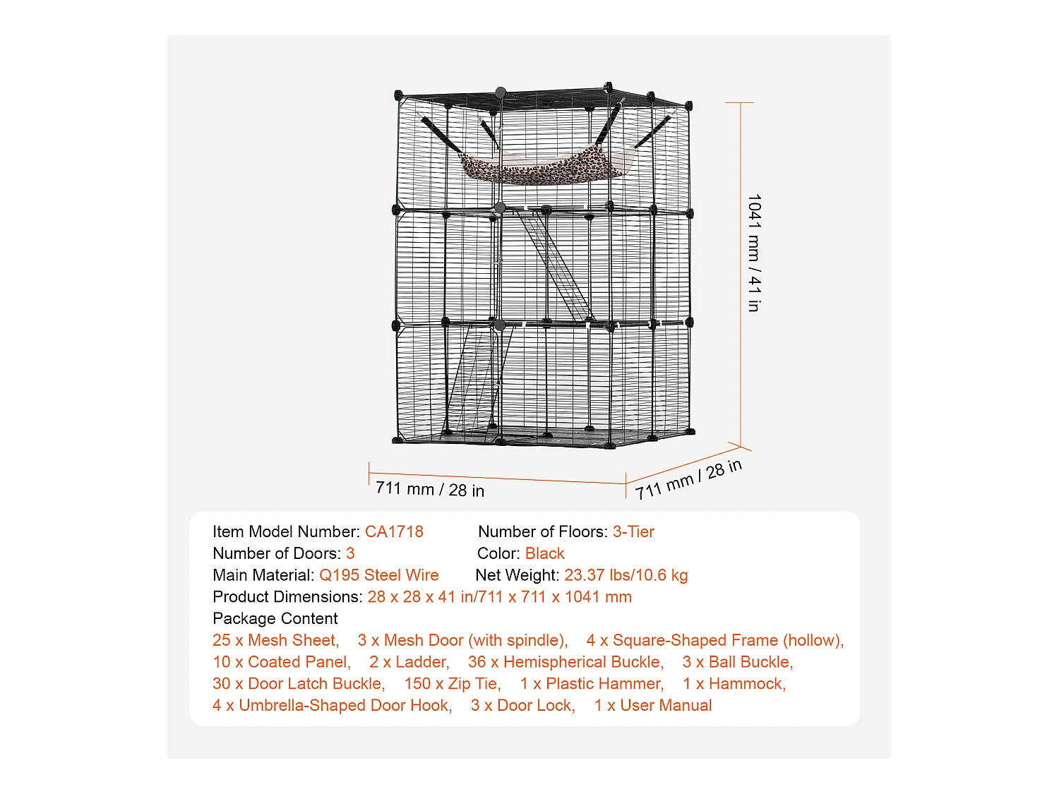 Cage pour Chat SucceBuy à 3 Niveaux de Grande Taille, 28 x 28 x 104 cm, fil Métallique avec hamac