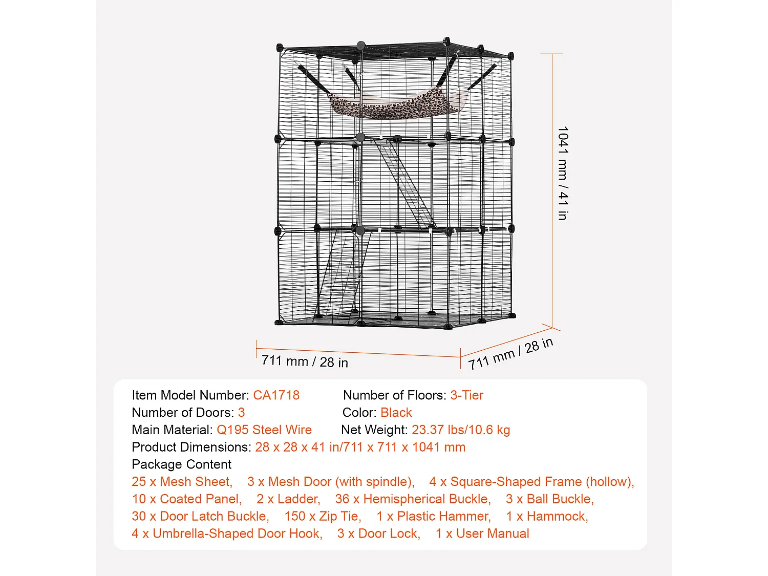 Cage pour Chat SucceBuy à 3 Niveaux de Grande Taille, 28 x 28 x 104 cm, fil Métallique avec hamac