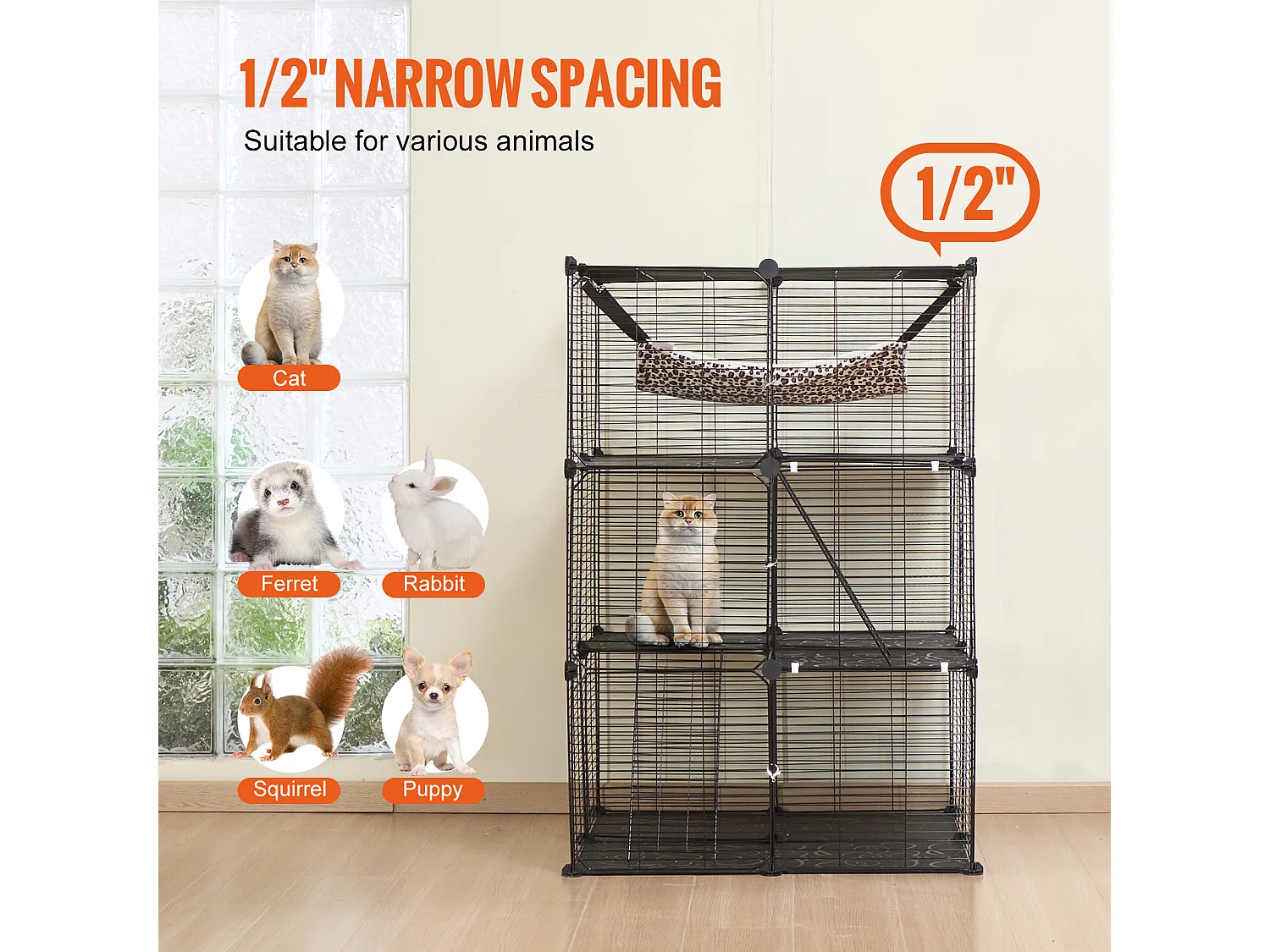 Cage pour Chat SucceBuy à 3 Niveaux de Grande Taille, 28 x 28 x 104 cm, fil Métallique avec hamac