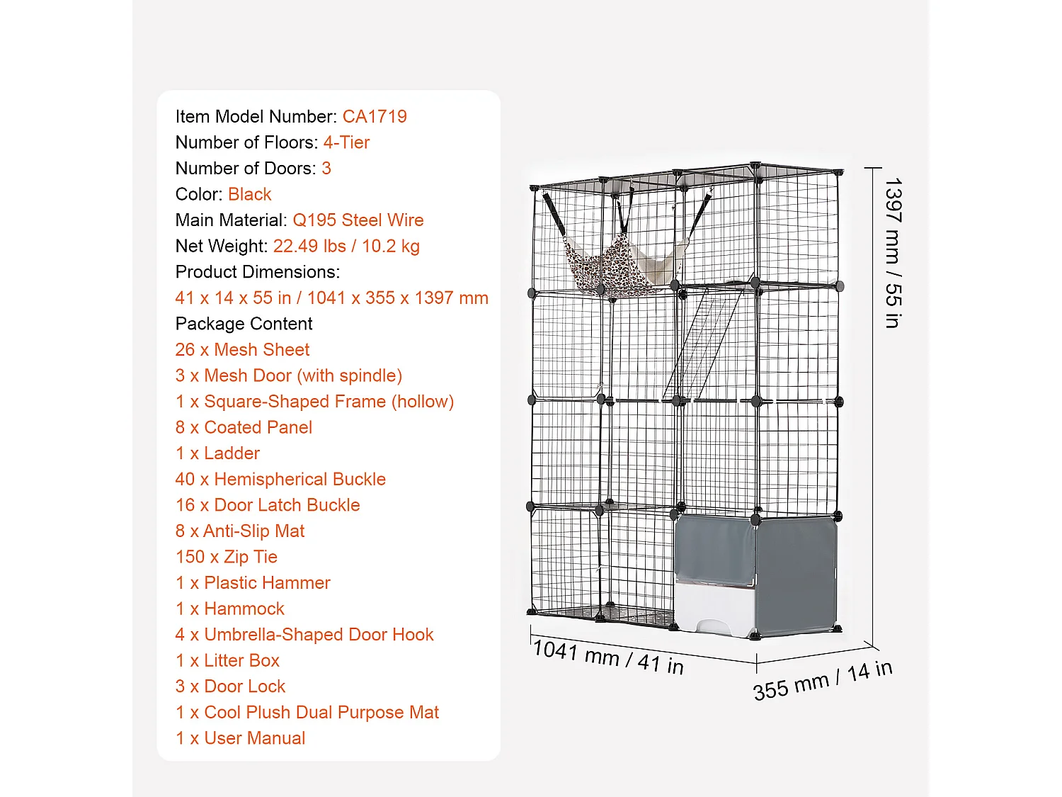 Cage pour Chat SucceBuy à 4 Niveaux de Grande Taille, 41 x 14 x 140 cm, fil Métallique avec Hamac